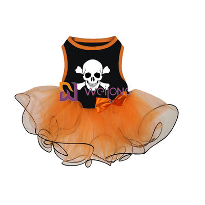 Jérsei da decoração CVC da curva do vestido do animal de estimação de Dia das Bruxas da saia do tule da abóbora/crânio